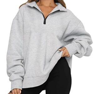 Womens Oversized Half Zip Pullover Sweatshirt Long Sleeve V Neck Sweatshirts Quarter Zip Teen Girls Fall Y2K Clothes Trendy Drop Shoulder Loose Fit Outfits Grey