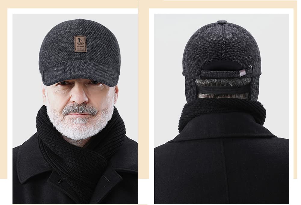 EDIKO Winter Hats for Men Baseball Cap Warm Dad Caps with Earflaps Adjustable Black