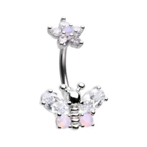 Pierced Owl 14GA Stainless Steel CZ Crystal Butterfly with Flower Top Belly Button Ring (Silver Tone)