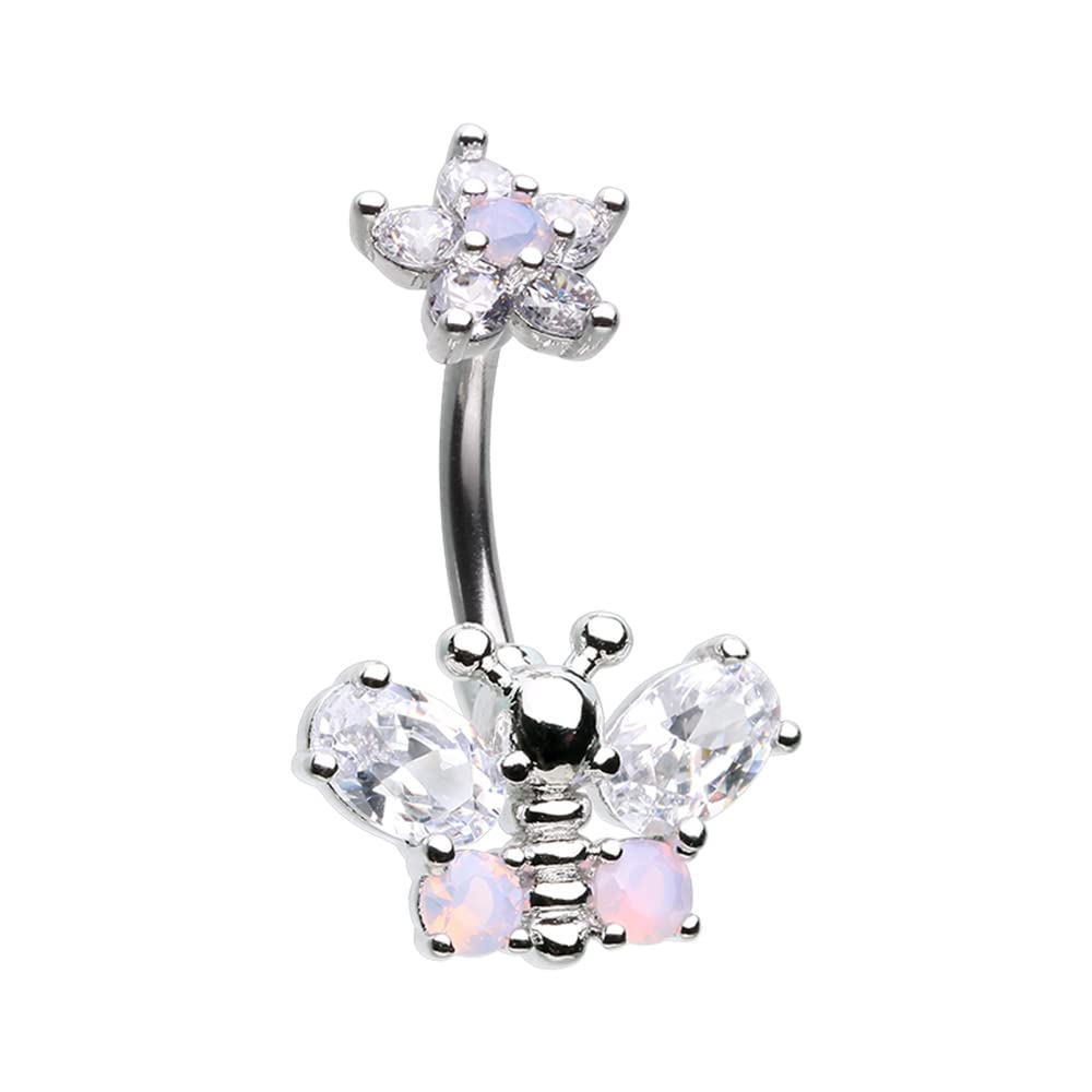 Pierced Owl 14GA Stainless Steel CZ Crystal Butterfly with Flower Top Belly Button Ring (Silver Tone)