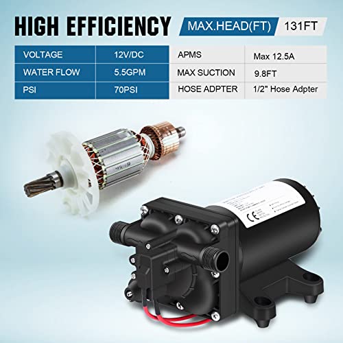 ECO-WORTHY 42-Series Upgrade 12V Water Diaphragm Pressure Pump with Pressure Switch, 5.5GPM 70PSI 12Volt RV Fresh Water Pump On Demand for Yacht Camper Boat Marine Shower