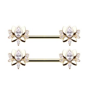 14GA Stainless Steel CZ Crystal Blooming Lotus Flower Nipple Barbells, Sold as a Pair (Gold Tone)