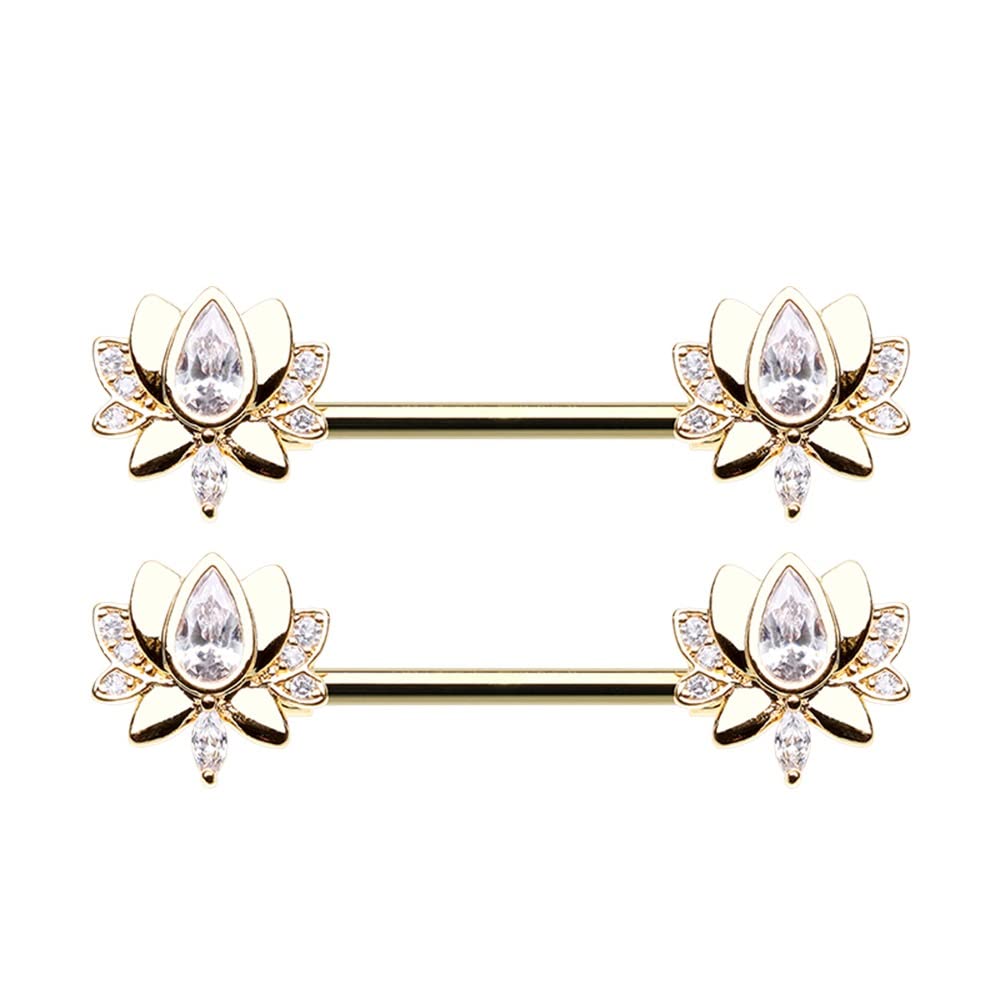 14GA Stainless Steel CZ Crystal Blooming Lotus Flower Nipple Barbells, Sold as a Pair (Gold Tone)