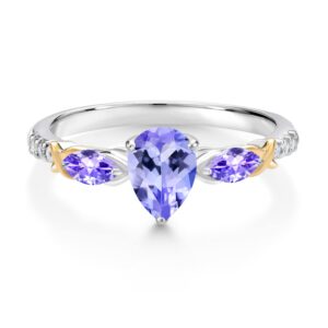 Gem Stone King 925 Silver 10K Yellow Gold Pear Shape Blue Tanzanite and White Lab Grown Diamond Engagement Ring For Women (1.01 Cttw, Gemstone December Birthstone, Size 8)