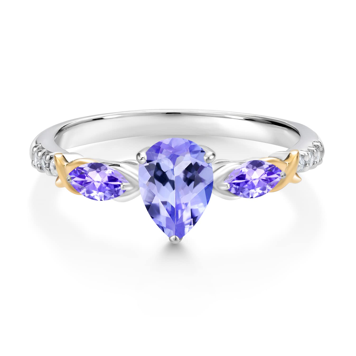 Gem Stone King 925 Silver 10K Yellow Gold Pear Shape Blue Tanzanite and White Lab Grown Diamond Engagement Ring For Women (1.01 Cttw, Gemstone December Birthstone, Size 8)