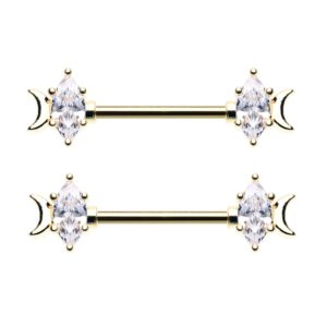 14ga stainless steel cz crystal marquise and crescent moon nipple barbells, sold as a pair (gold tone)