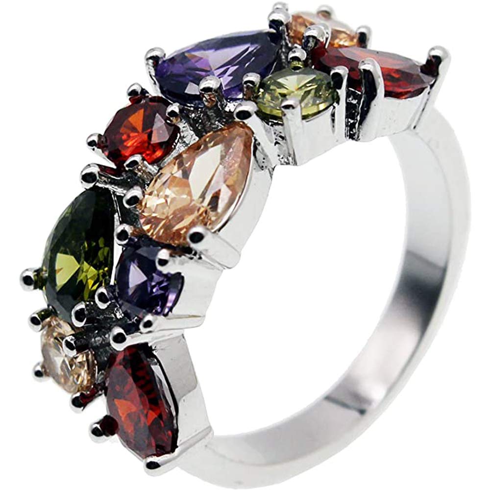 QIXINWANG Multi Gemstone Ring Morganite Garnet Amethyst Peridot Promise Wedding Party Ring for Women Size 6 to 10 (8)