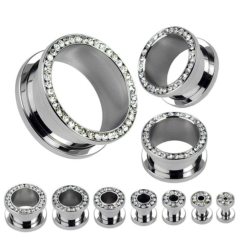 So Scene Cubic Zirconia Lined Rim Stainless Steel Screw Fit Ear Plugs Flesh Tunnels (6mm- 2 gauge, Silver Steel Clear Gems)