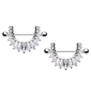 pierced owl 14ga stainless steel cz crystal baguette tiles dangling nipple shields, sold as a pair (silver tone)