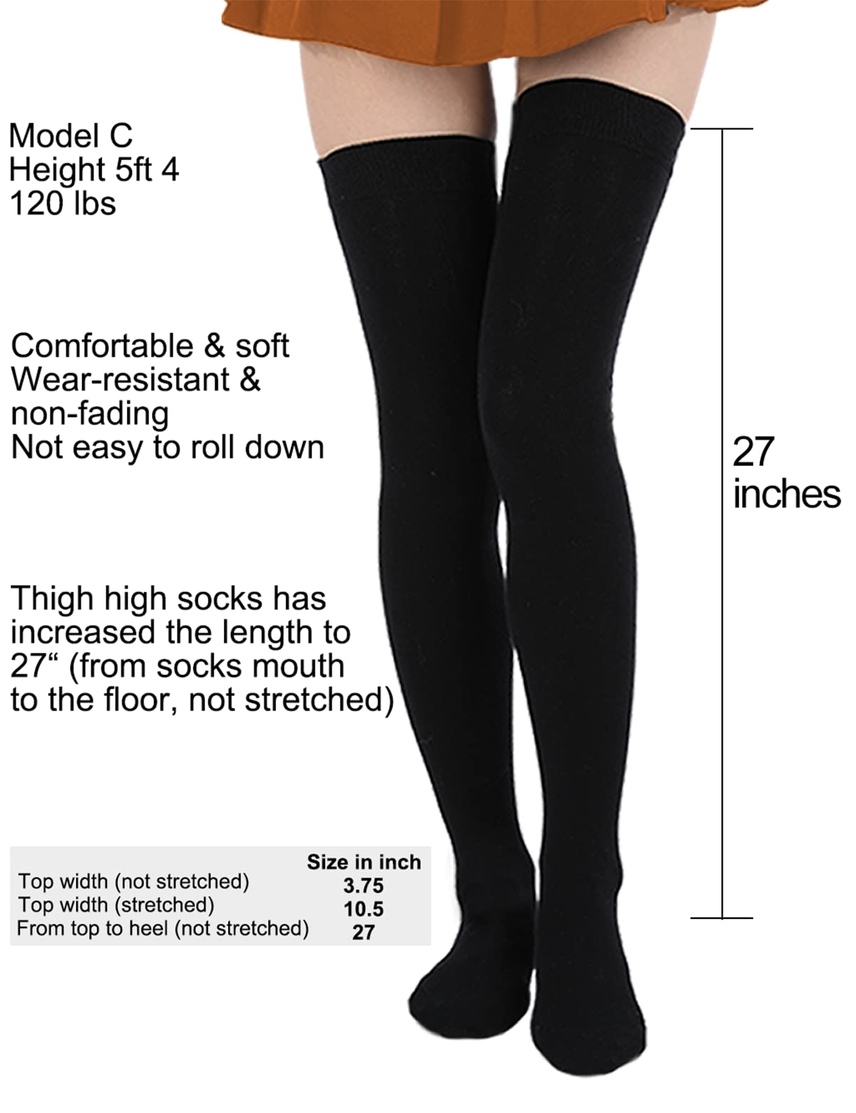 EZFS PLUS Thigh High Socks for Women Extra Long and Thick Over the Knee Cotton Boot Stockings Leg Warmer for Girls (Black 2 Pairs)