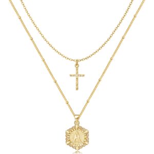 keloris path gold layered initial cross necklace, 14k gold plated layering hexagon letter pendant satellite chain cross choker from a-z capital jewelry for women(letter a)