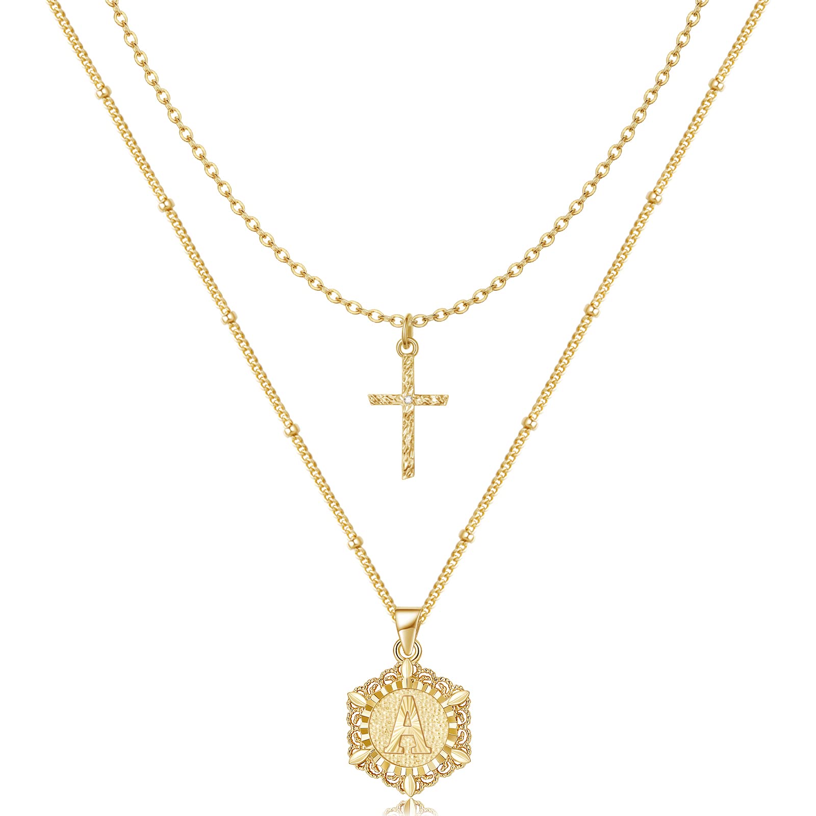 KELORIS PATH Gold Layered Initial Cross Necklace, 14K Gold Plated Layering Hexagon Letter Pendant Satellite Chain Cross Choker from A-Z Capital Jewelry for Women(Letter A)