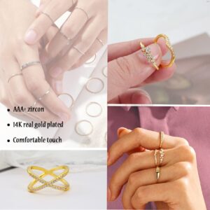 OPFIV 10Pcs 14K Gold Plated Stacking Rings for Women Teen Cubic Zirconia Wave Knot Love Heart Stackable Thin Gold Ring Plain Statement Band Promise Eternity Bands Ring Comfort Fit Size 6-9