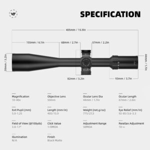 Vector Optics Sentinel X 10-40x50 SFP Center Dot 1/8MOA Rifle Scope Designed for 25 Meters Benchrest Target Shooting, Side Focus Min at 10 M, Turret Lock System.