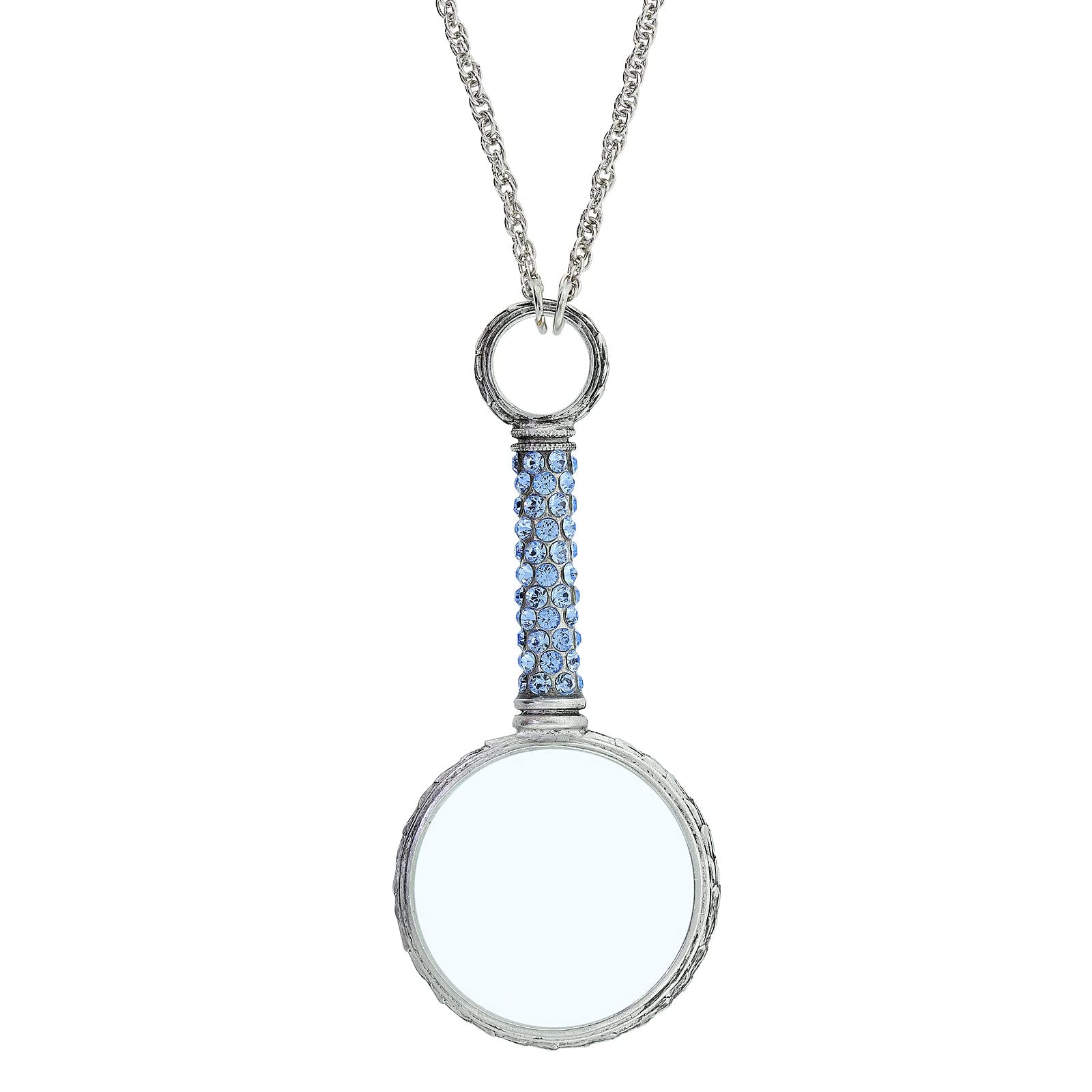 1928 Jewelry Women's Light Sapphire Blue Pave Crystal Magnifying Glass Necklace Pendant Enhancer, 30 Inch - Magnification Power: 2-3X