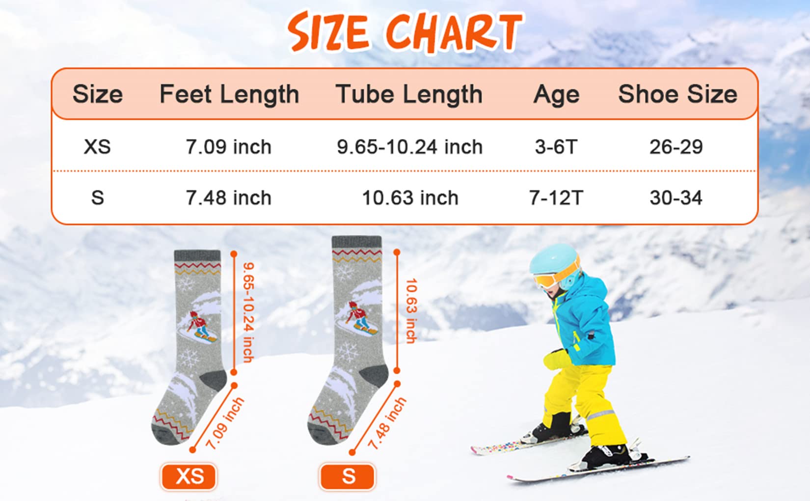 Century Star Kids Ski Socks Winter Warm Knee High Snow Socks for Toddler Boys Girls Soft Wool Socks Skiing Snowboard 2Pcs Blue&Pink 7-12T