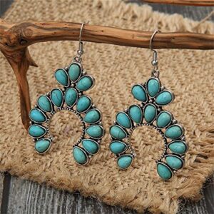 Bohemian Vintage Turquoise Oval Flower Ethnic Drop Dangle Earrings for Women Boho Exaggerated Retro Geometric Turquoise Teardrop Earrings Cowgirl Cowboy Jewelry Gift (D)