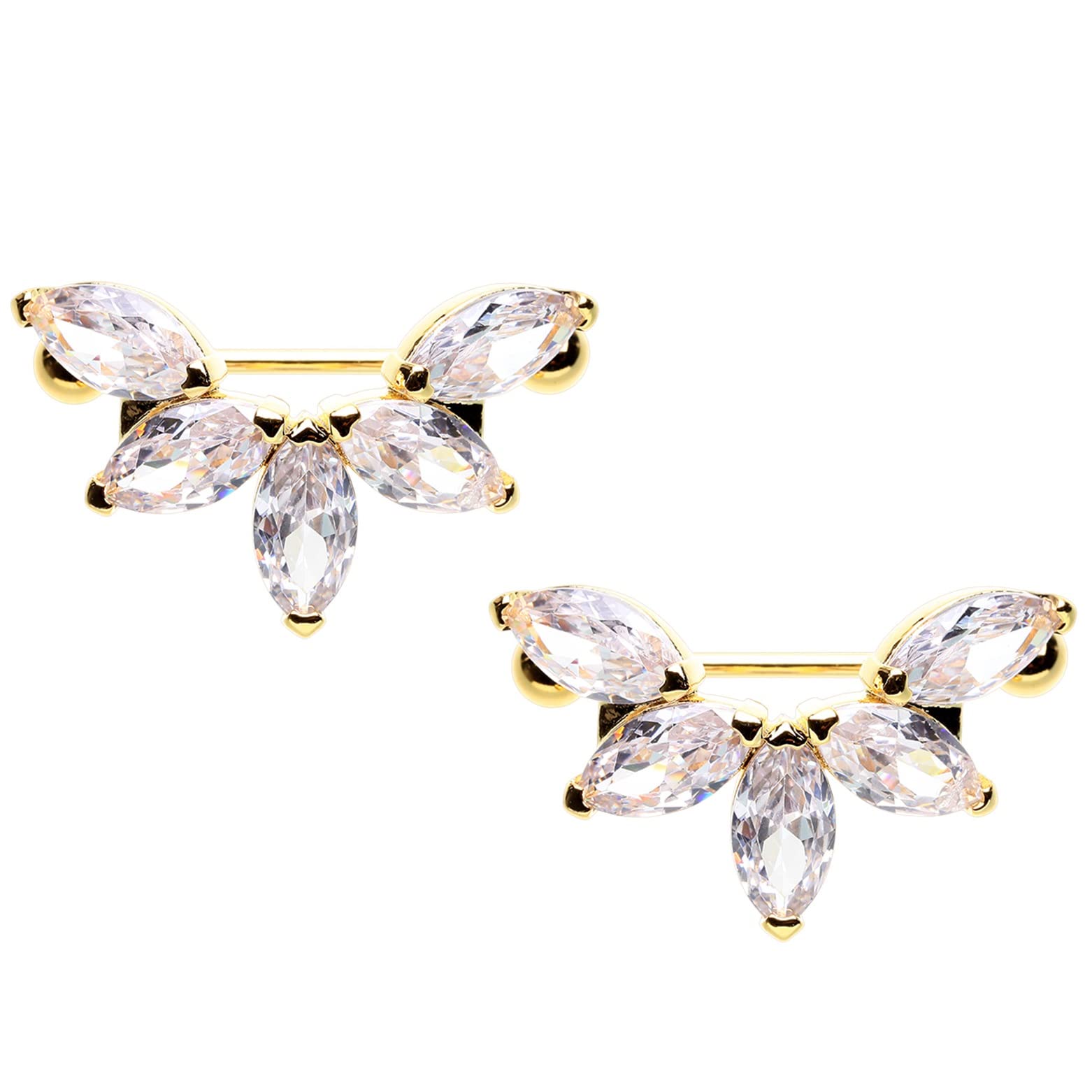 14GA Stainless Steel CZ Crystal Floral Lotus Marquise Nipple Shields, Sold as a Pair (Gold Tone)