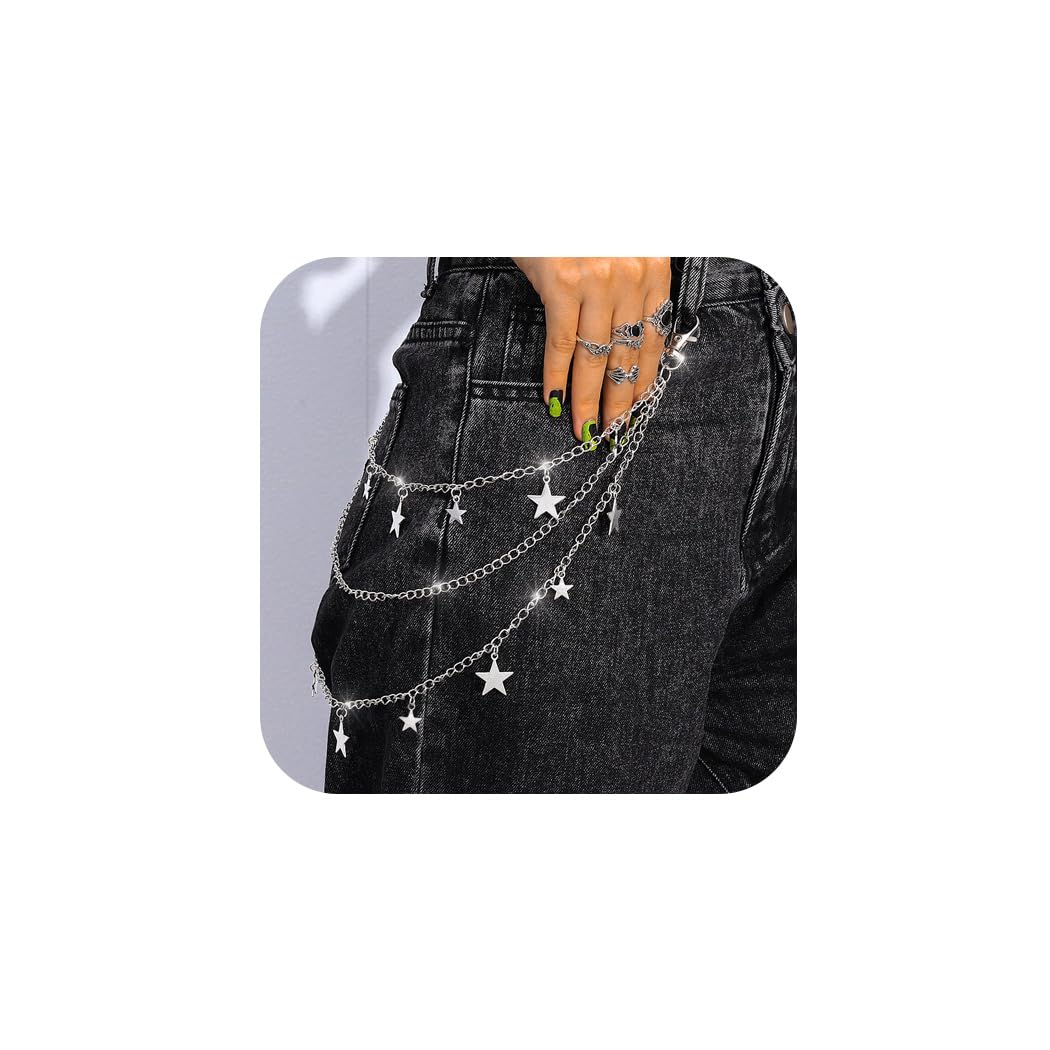 Zehope Layered Pants Chains Sliver Stars Pendant Jean Chains Goth Punk Wallet Chain Heavy Biker Pocket Chain for Women and Men