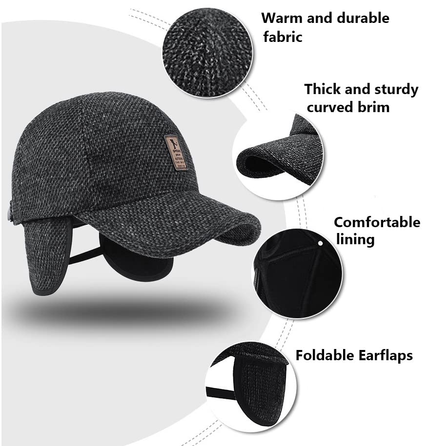 EDIKO Winter Hats for Men Baseball Cap Warm Dad Caps with Earflaps Adjustable Black