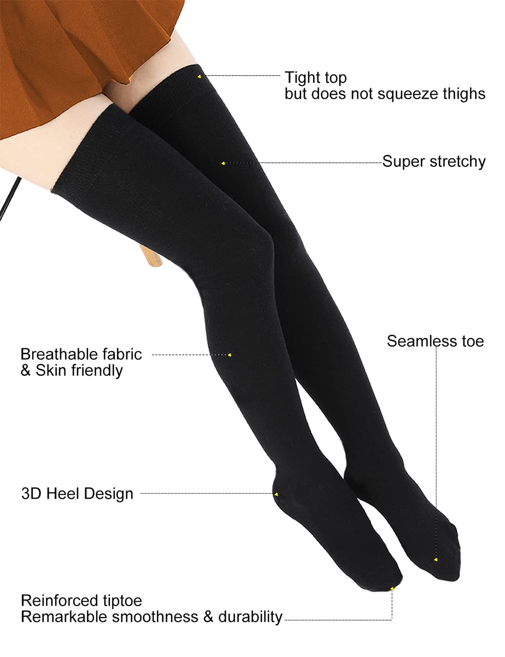 EZFS PLUS Thigh High Socks for Women Extra Long and Thick Over the Knee Cotton Boot Stockings Leg Warmer for Girls (Black 2 Pairs)