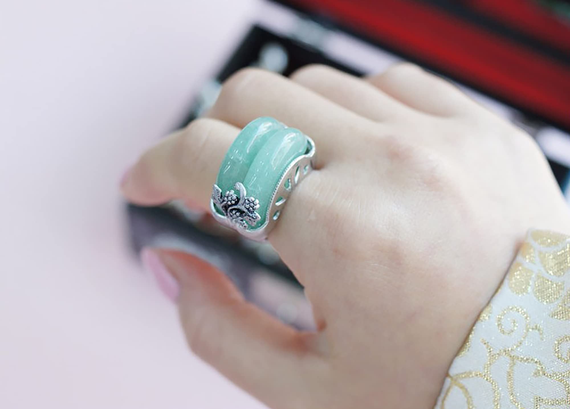 Hanbok Ring Jade Korea Traditional Accessory Woman Junior Natural Light Green Size Adjustable R005LT