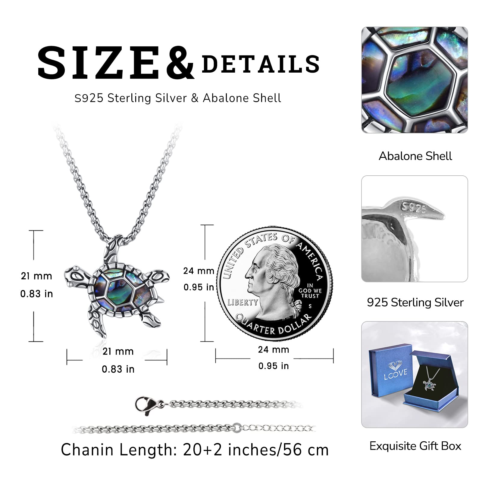 LOOVE 925 Sterling Silver Turtle Necklace for Women Small Abalone Shell Sea Turtle Pendant Ocean Animal Jewelry