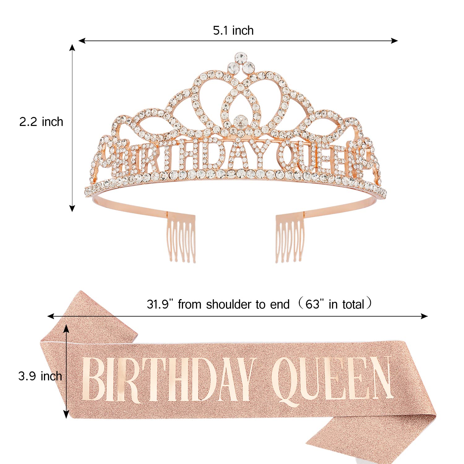 Chanaco Rose Gold Birthday Crowns, Sash and Tiara Set for Women - Happy Birthday Decorations