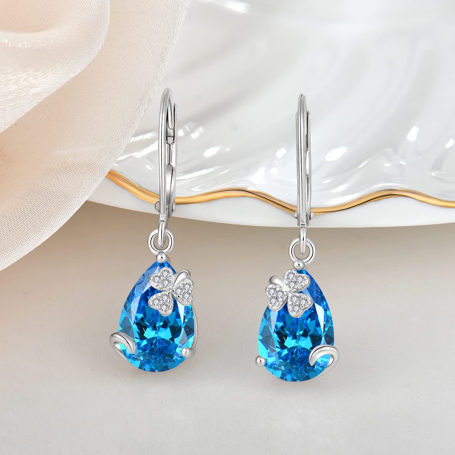 Fahonie Birthstone Drop Earrings 925 Sterling Silver cut Pear Shape March Birthstone Aquamarine Clover Jewelry Birthday Gifts Valentine's Day Christmas Gifts