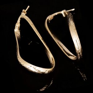 Italian 14k Yellow Gold Diamond Cut Twisted Oval Hoop Earrings 1.4" 1.7 grams