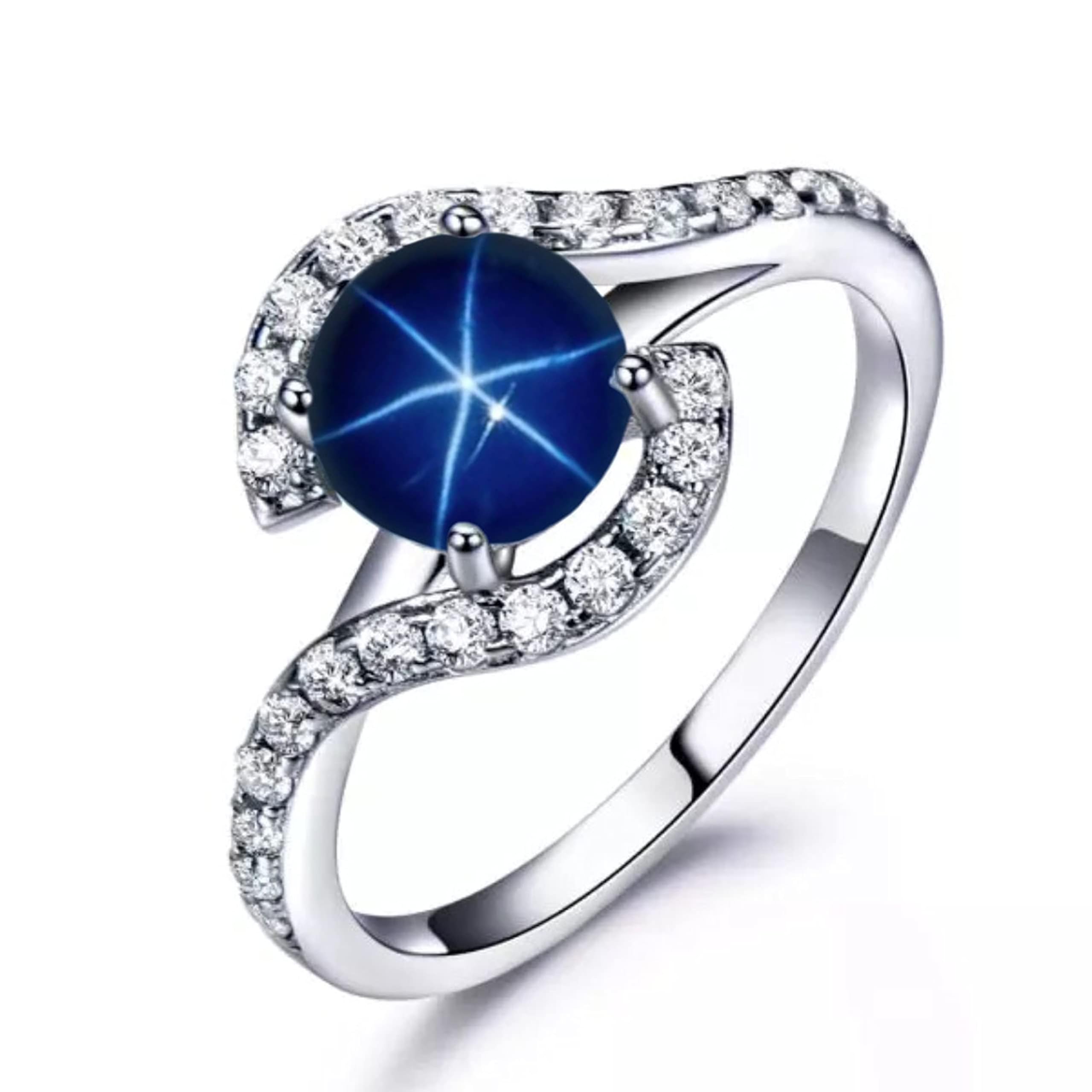 HRG Star Sapphire Blue Lindy Star Ring For Women Wedding Ring Engagement Ring Lab Created Synthetic Star Ring 925 Sterling Silver Ring (Sterling Silver, 8.5)