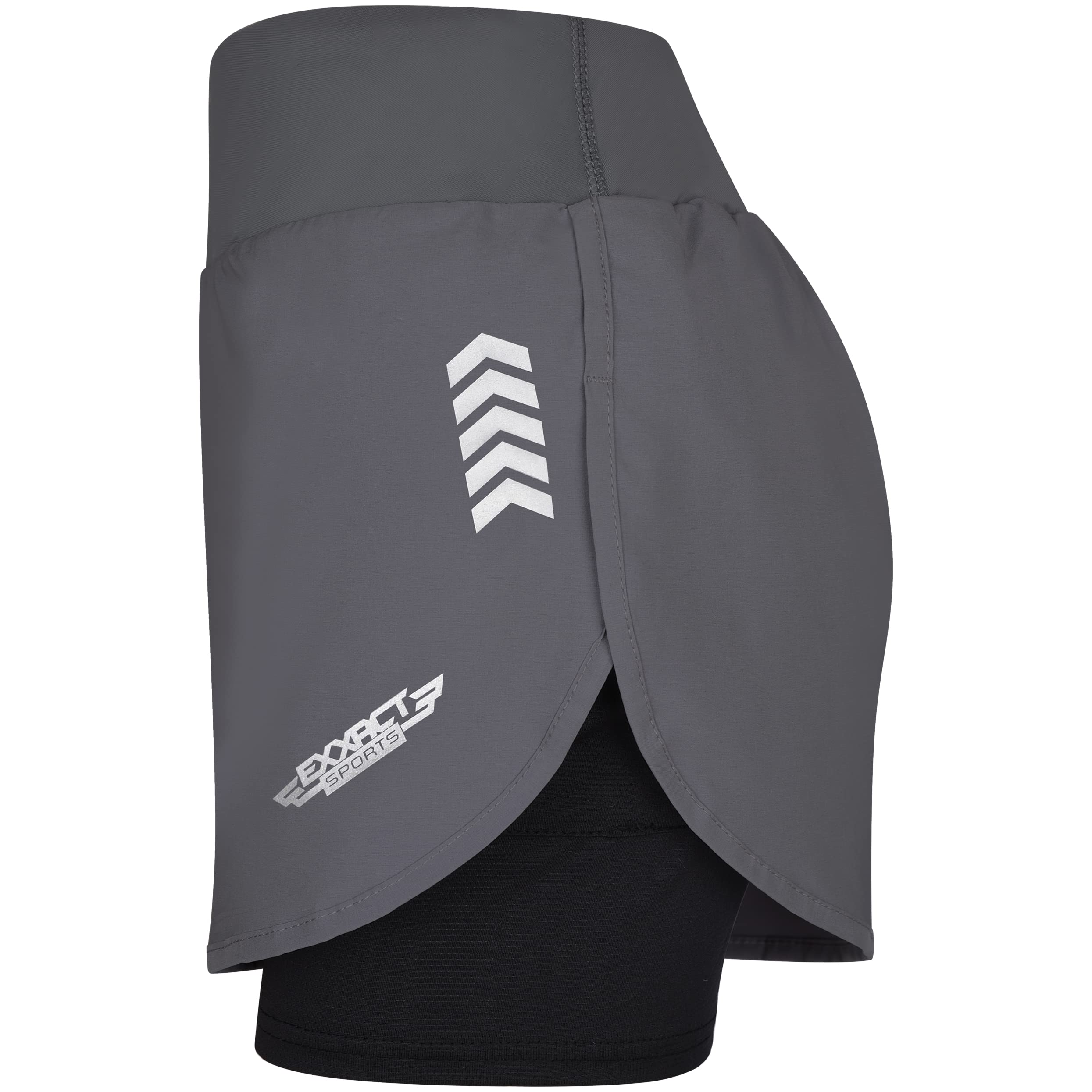 Exxact Sports 2 in 1 Shorts Women - Athletic Shorts with Spandex Underneath, Dry Fit Running Shorts with Pockets Women (Charcoal, AXS)