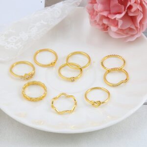 OPFIV 10Pcs 14K Gold Plated Stacking Rings for Women Teen Cubic Zirconia Wave Knot Love Heart Stackable Thin Gold Ring Plain Statement Band Promise Eternity Bands Ring Comfort Fit Size 6-9