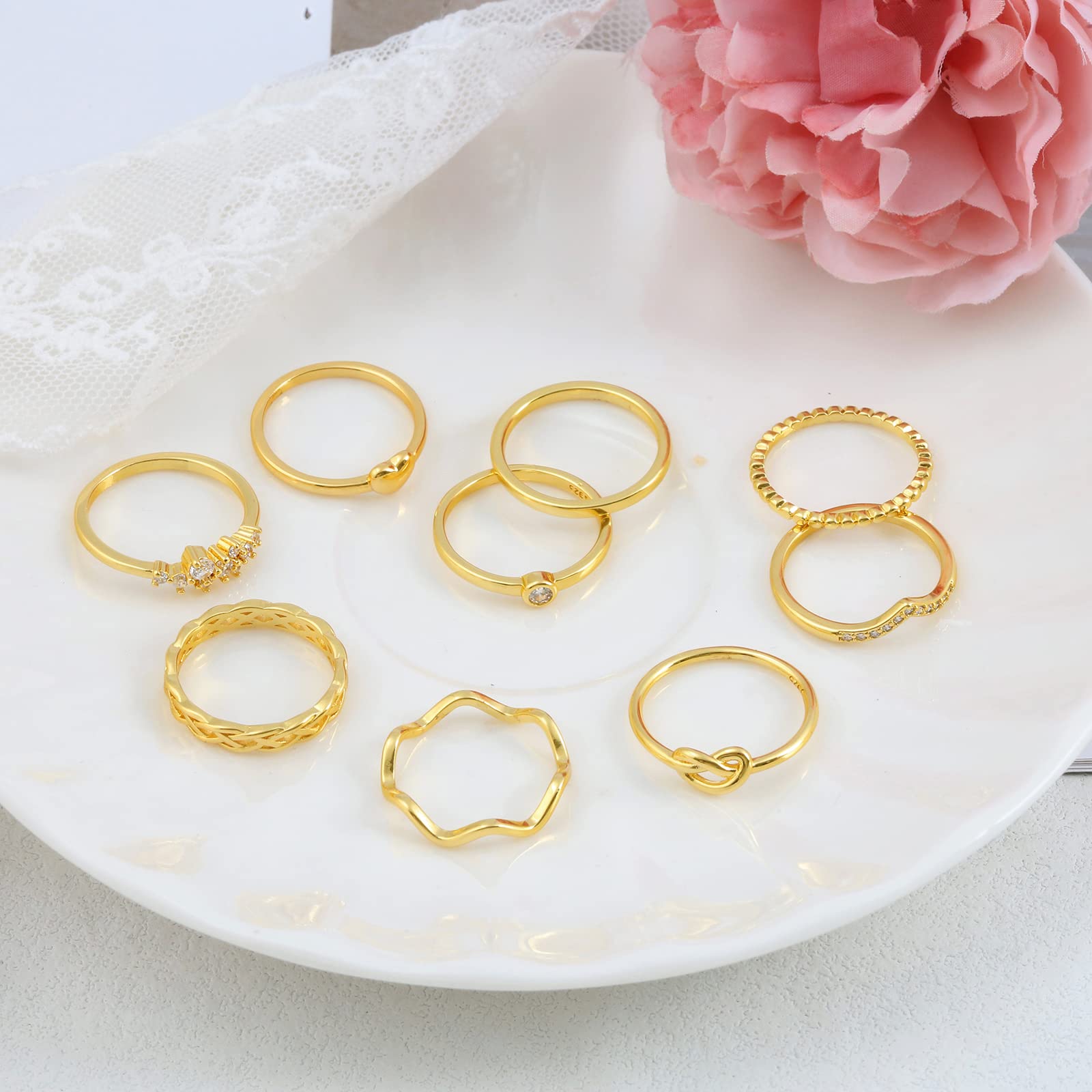 OPFIV 10Pcs 14K Gold Plated Stacking Rings for Women Teen Cubic Zirconia Wave Knot Love Heart Stackable Thin Gold Ring Plain Statement Band Promise Eternity Bands Ring Comfort Fit Size 6-9