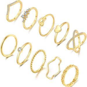 OPFIV 10Pcs 14K Gold Plated Stacking Rings for Women Teen Cubic Zirconia Wave Knot Love Heart Stackable Thin Gold Ring Plain Statement Band Promise Eternity Bands Ring Comfort Fit Size 6-9