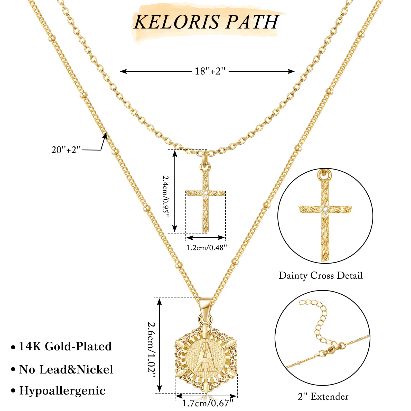 KELORIS PATH Gold Layered Initial Cross Necklace, 14K Gold Plated Layering Hexagon Letter Pendant Satellite Chain Cross Choker from A-Z Capital Jewelry for Women(Letter A)