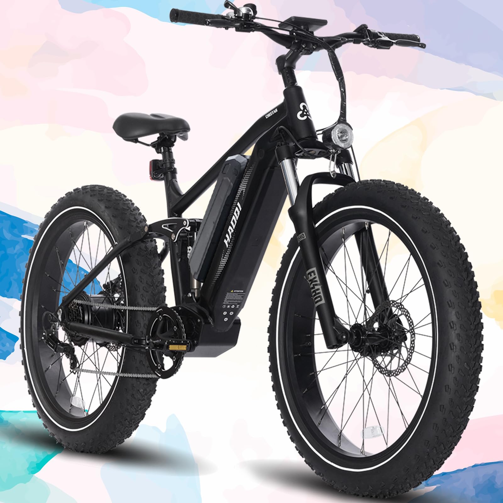 HAOQI Cheetah Electric Bike for Adults Peak 1000W UL 2849 Certified 48V 16AH/25Ah Battery Adult Electric Bicycles 26”*4”Fat Tire Full Suspension 28MPH Mountain Ebike 7 Speed Max 85 Miles Range