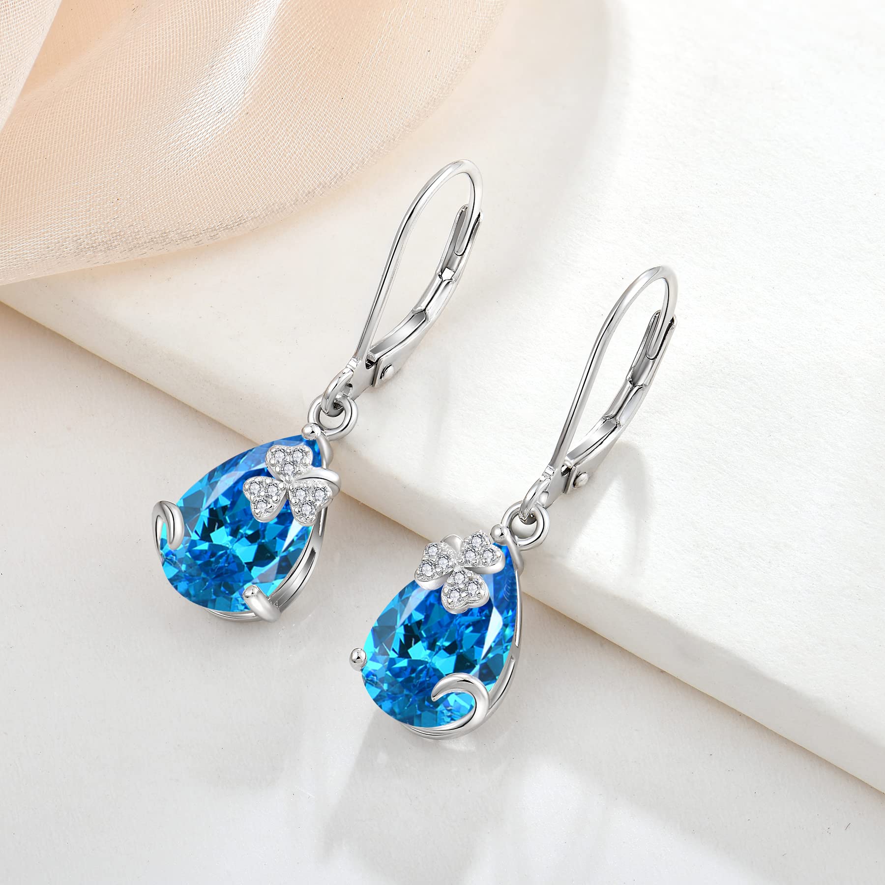 Fahonie Birthstone Drop Earrings 925 Sterling Silver cut Pear Shape March Birthstone Aquamarine Clover Jewelry Birthday Gifts Valentine's Day Christmas Gifts