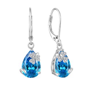 Fahonie Birthstone Drop Earrings 925 Sterling Silver cut Pear Shape March Birthstone Aquamarine Clover Jewelry Birthday Gifts Valentine's Day Christmas Gifts