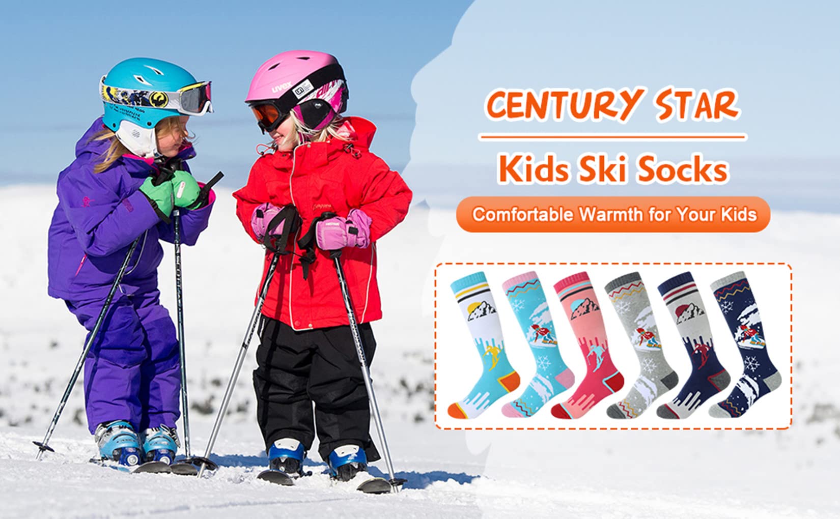 Century Star Kids Ski Socks Winter Warm Knee High Snow Socks for Toddler Boys Girls Soft Wool Socks Skiing Snowboard 2Pcs Blue&Pink 7-12T