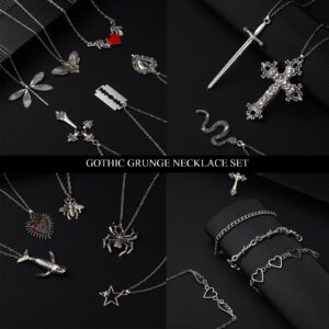 Bonuci 30 Pieces Grunge Necklace Set Goth Cross Necklace Y2k Necklace Punk Rock Vintage Harajuku Gothic Feather Chain Choker Necklace Jewelry Costume Accessories(Classic Style)