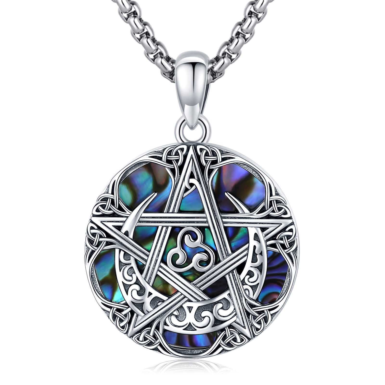 LOOVE Wiccan Pentagram Necklace for Women Sterling Silver Abalone Shell Pentacle Pendant Pagan Jewelry (A-Pentagram)