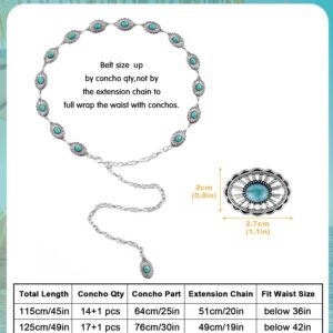 FIORETTO Concho Chain Belt for Women Oval Turquoise Metal Waist Chain Western Belts for Dress Silver