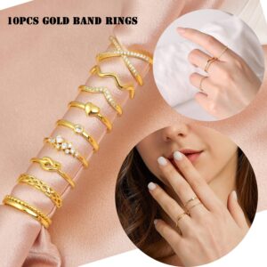 OPFIV 10Pcs 14K Gold Plated Stacking Rings for Women Teen Cubic Zirconia Wave Knot Love Heart Stackable Thin Gold Ring Plain Statement Band Promise Eternity Bands Ring Comfort Fit Size 6-9