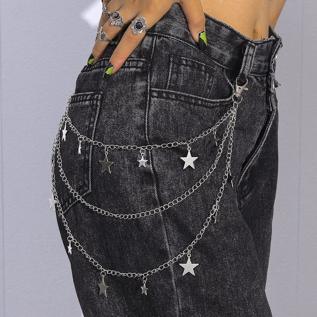 Zehope Layered Pants Chains Sliver Stars Pendant Jean Chains Goth Punk Wallet Chain Heavy Biker Pocket Chain for Women and Men