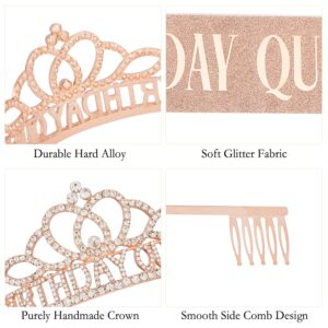 Chanaco Rose Gold Birthday Crowns, Sash and Tiara Set for Women - Happy Birthday Decorations