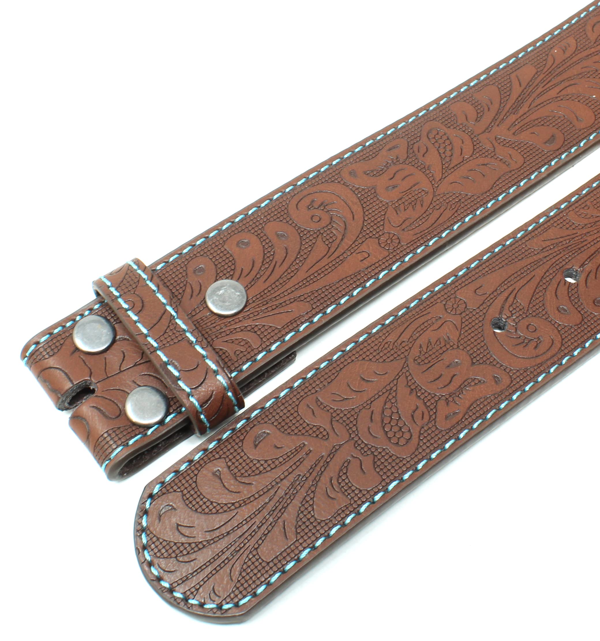 BC Belts Leather Belt Strap with Embossed Western Scrollwork 1.5" Wide with Snaps (Brown/Teal-S)