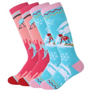 Century Star Kids Ski Socks Winter Warm Knee High Snow Socks for Toddler Boys Girls Soft Wool Socks Skiing Snowboard 2Pcs Blue&Pink 7-12T