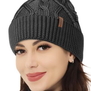 OUTDOOR SHAPING Merino Wool Beanie, Unisex Cable Knit Hat, Daily Rib Cuff Beanie, Warm Winter Cap, Black, One Size