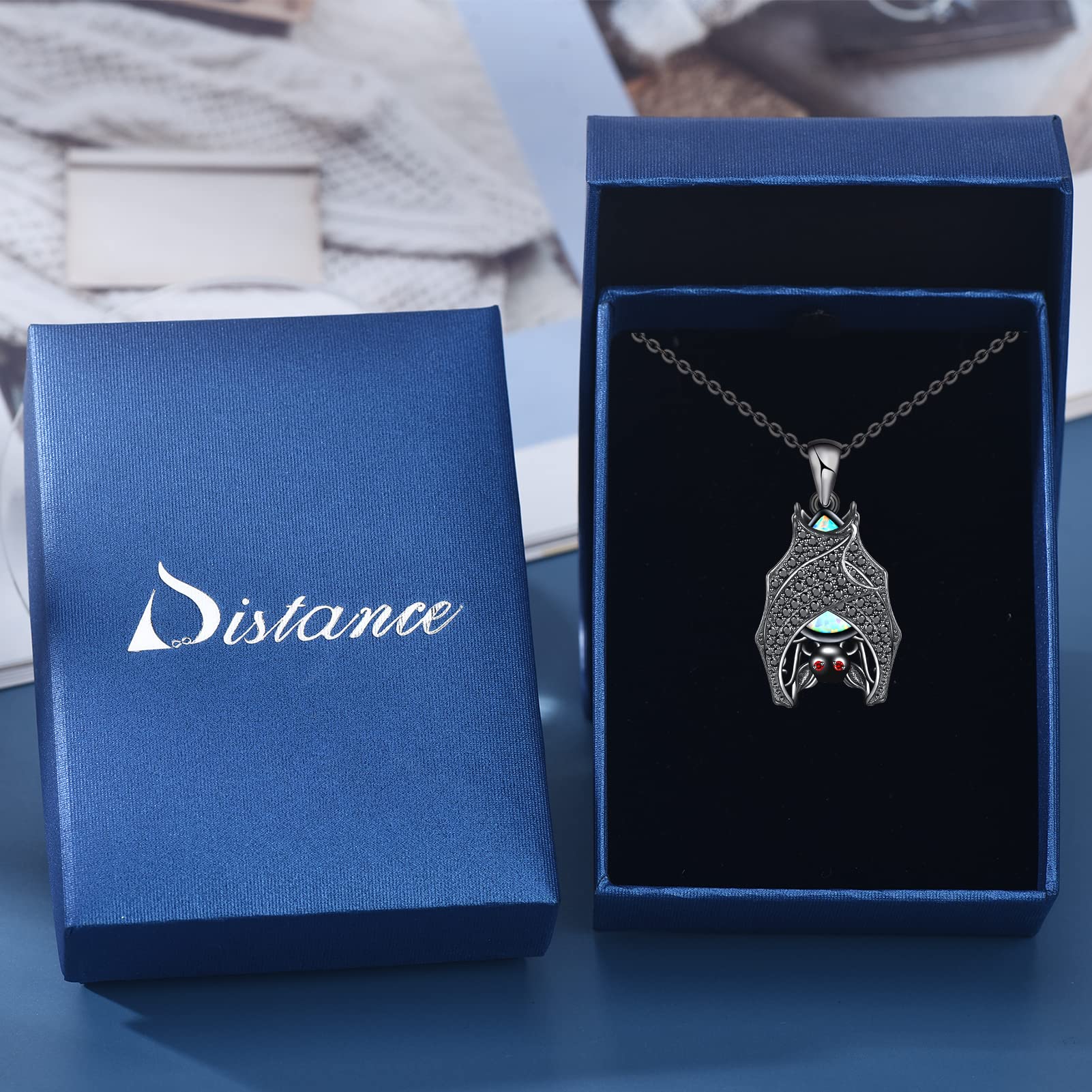 Distance Bat Necklace for Women, White Opal April Birthstone Necklace, 925 Sterling Silver Pendant Christmas Birthday Jewelry Gifts for Women/Wife/Mom/Girlfriend